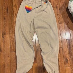 Aviator Nation Beige Joggers with Rainbow Heart